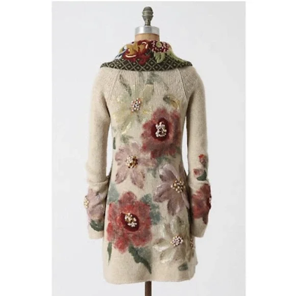 Anthopologie Sleeping On Snow Sweater Coat Hand Painted Poppies Size Medium - Picture 3 of 16